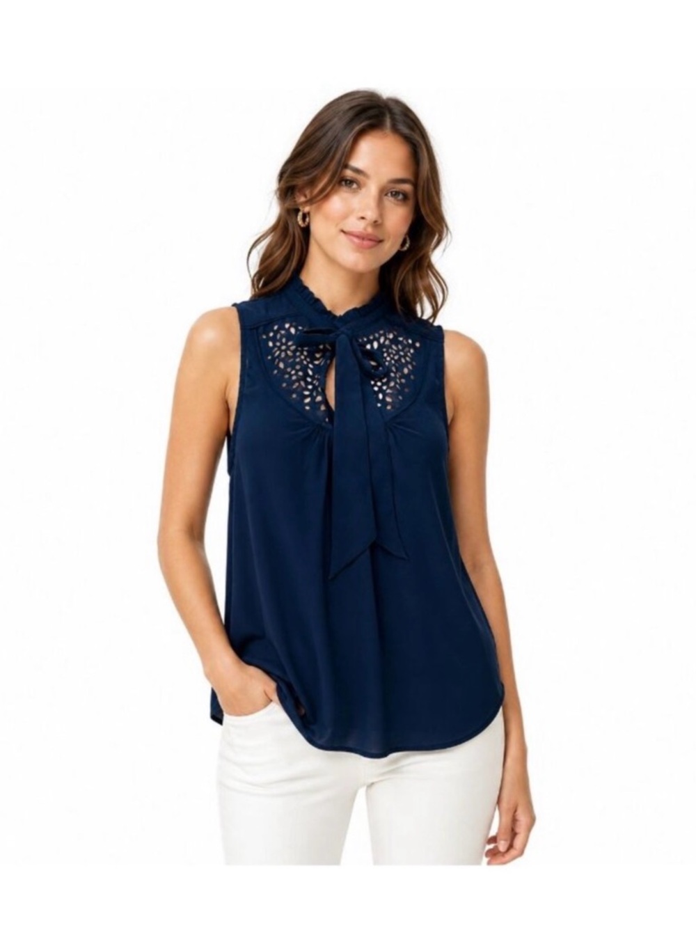 Maeve Anthropologie Navy Blue Sleeveless Tie Neck Eyelet Blouse Women’s Size 4